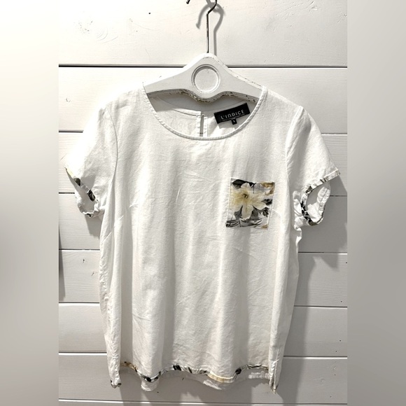 L’INDICE White Linen Blend Top with Floral Trim – Size L - Picture 8 of 10